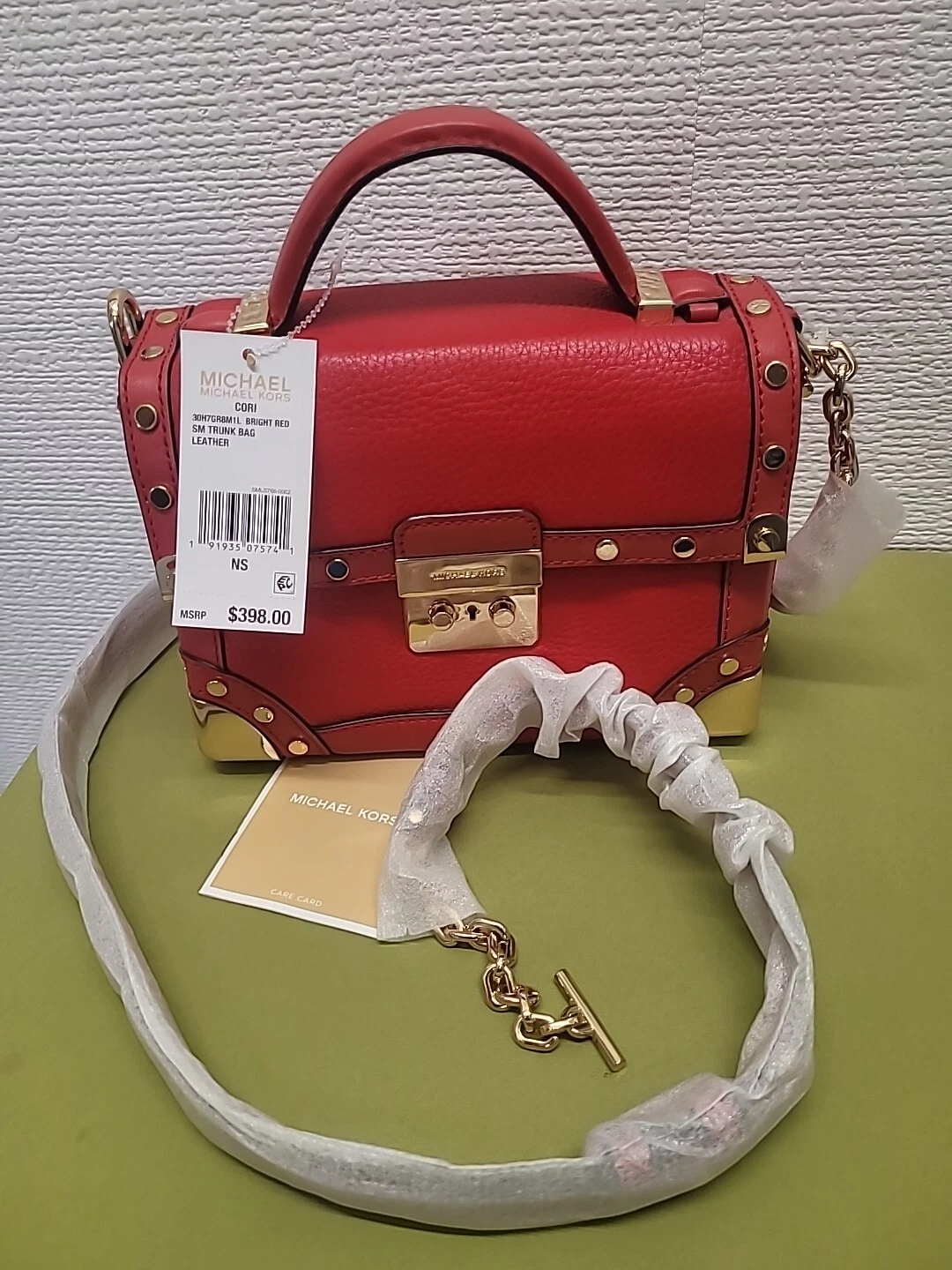 CUSTODIA BORSA BORSA TRENO MICHAEL KORS PELLE ROSSO BRILLANTE NUOVA CON ETICHETTE $398 difficile da trovare!