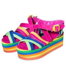 Rainbow Stripe Buckle Summer Party Platform Strappy Platform Wedge US 5.5