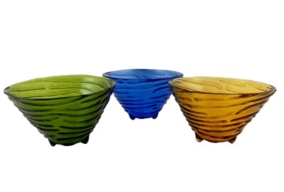 3 Swirly Ribbed Design Art Glass Bowls Footed Cobalt Blue Amber Avocado Green