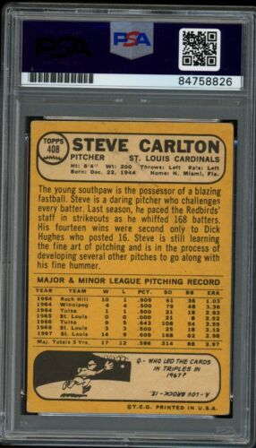 1968 TOPPS Steve Carlton HOF #408 Authentic Card Signed Cardinals PSA/DNA - Picture 2 of 2