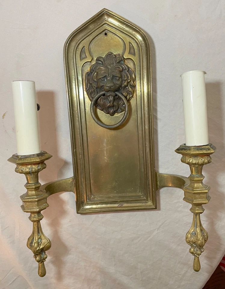 Aplique de pared eléctrico grande pesado antiguo ornamentado gótico bronce cabeza de león Foto 4 de 4