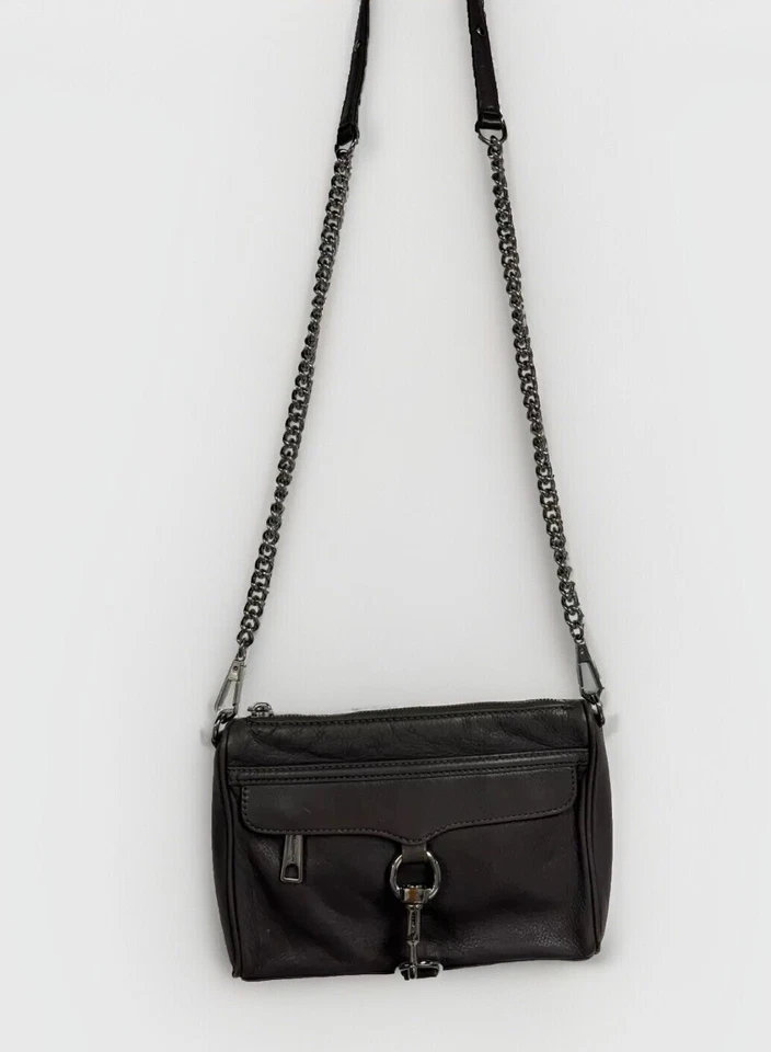 Rebecca Minkoff Gray Mini M.A.C. Leather Crossbody Bag Brass Chain Stud Accents - Image 3 of 4