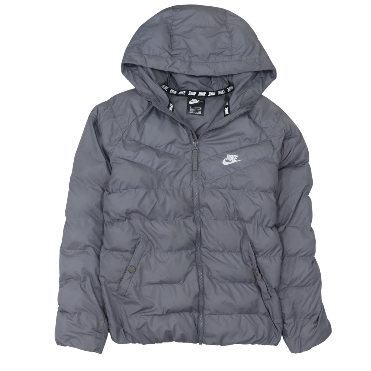 Nike Womens Puffer Jacket Grey Hooded Quilted Full Zip Warm Embroidered Logo XL