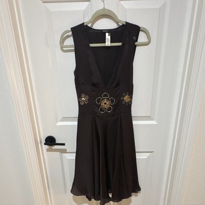 Miss Sixty Diamond Brown Solid Chiffon V-Neck Sleeveless Knee Dress XS Zip