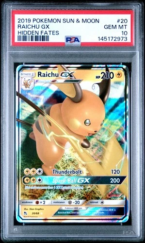 2019 POKEMON SUN & MOON HIDDEN FATES #20 RAICHU GX PSA 10