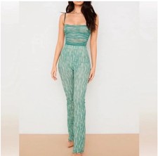 House of CB Erin Ivy Print Mesh Flared Trousers Women’s L Green