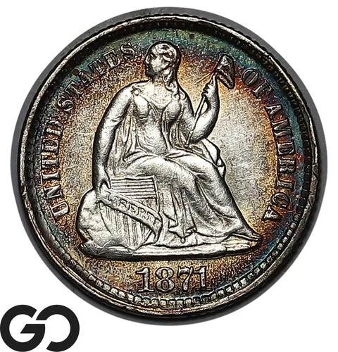 1871 Seated Liberty Half Dime, Beautiful Peripheral Color, Choice BU++