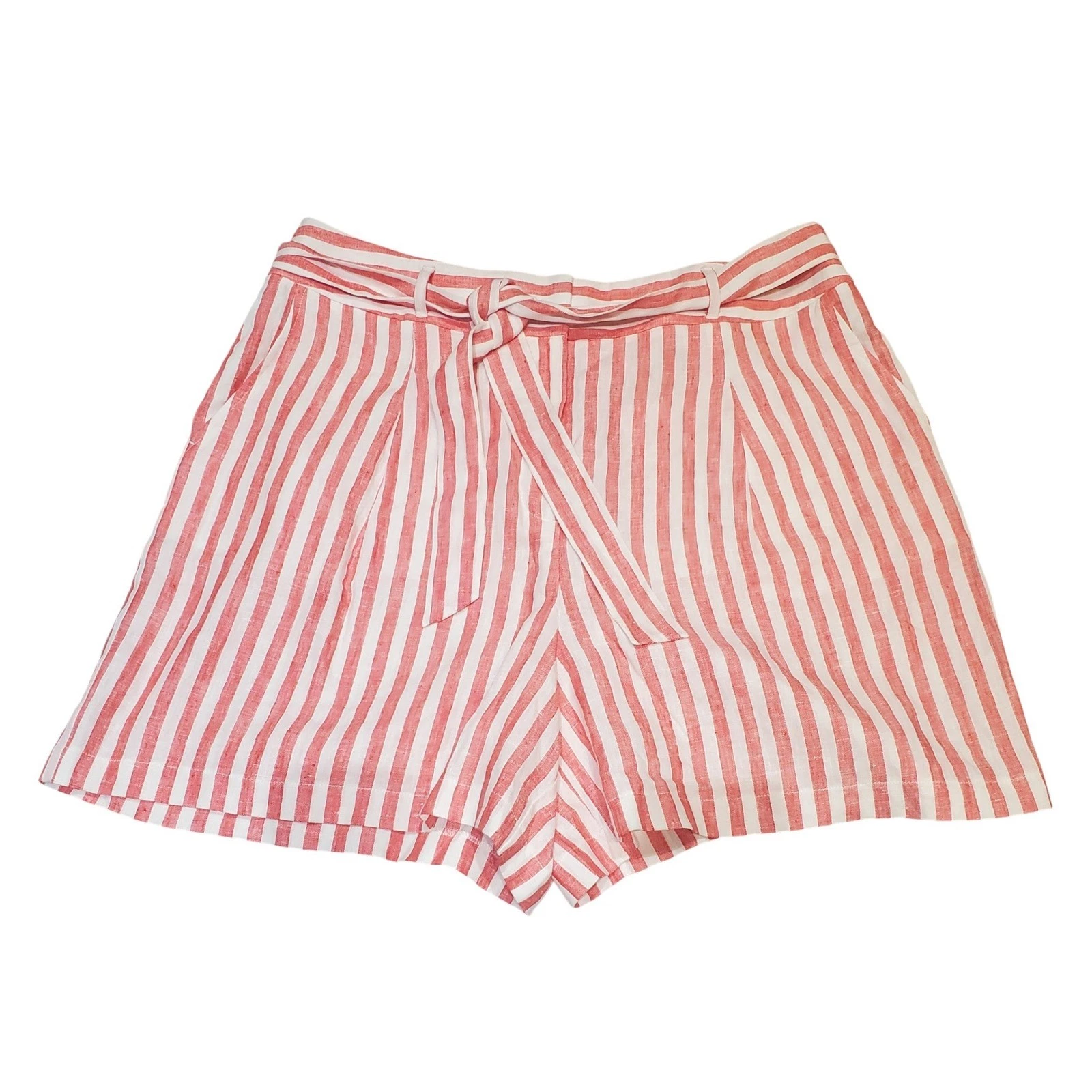 Boden Women's Sz 14 High Waisted Alma Belted 100% Linen Shorts Red White Striped