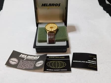Mens Helbros "CWA" Gold Tone Watch With Matching Case & Papers. New