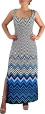 Womens Boho Maxi Striped Chevron Print Scoop Neck Tank Dress (Blue, Large)