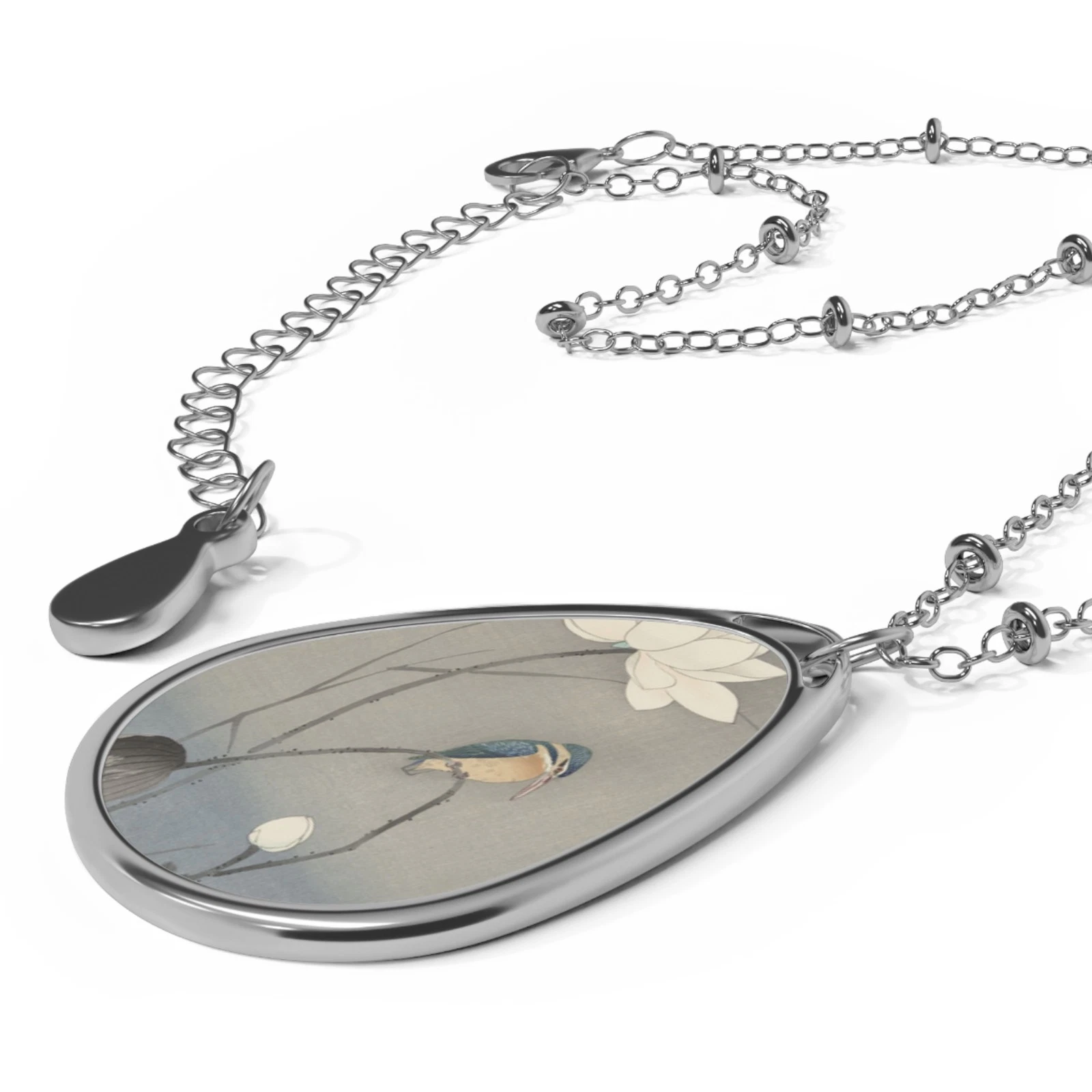 Kingfisher Lotus Oval Necklace Vintage Japanese Silver - product detail image 3