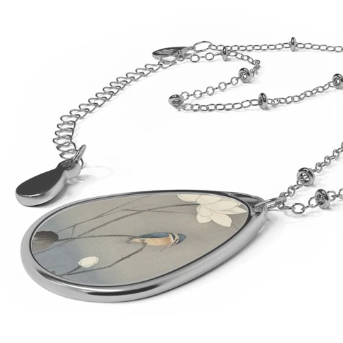 Kingfisher Lotus Oval Necklace Vintage Japanese Silver image 3