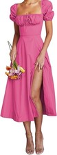 NEW Women's Puff Sleeve Pink Maxi Dress Square Neck Cottagecore Boho Split Sz L
