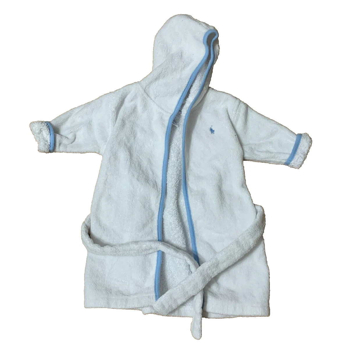 Ralph Lauren Baby Robe Terry Cloth Hooded Belted Bath Swim Cover White Blue 0 6M