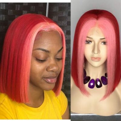  Red with Pink Highlight Bob Wig 100% Human Hair Wig 4x4 Lace Front Wigs