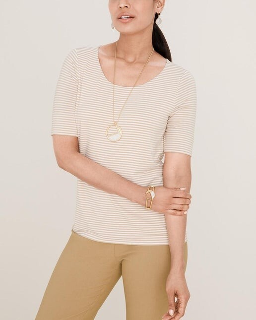 Camiseta para mujer 1000001106 Chico a rayas con cuello de ballet, arena 16/18-XL NUEVA CON ETIQUETAS