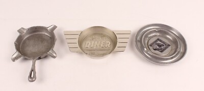Vintage Lot of 3 Metal Ashtrays 70 s, 80' Dads Diner, Marlboro, Fisherman's Size