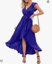 Yundai Blue L Wrap Party Dress Vneck Ruffle Short Sleeve High Split No Belt