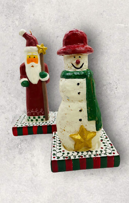 Santa Claus Snowman 2 Candles 7  Wood Bases NEW Unscented