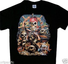 Pirate Tee Shirt Pirates Skulls Treasure Guns Black T'shirt