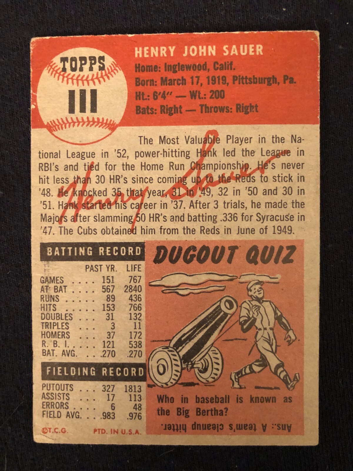 1953 Topps Baseball Card Hank Sauer 111 BV 50 EX Range CF eBay