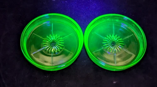 Pair Federal Uranium Glass Coasters Vintage