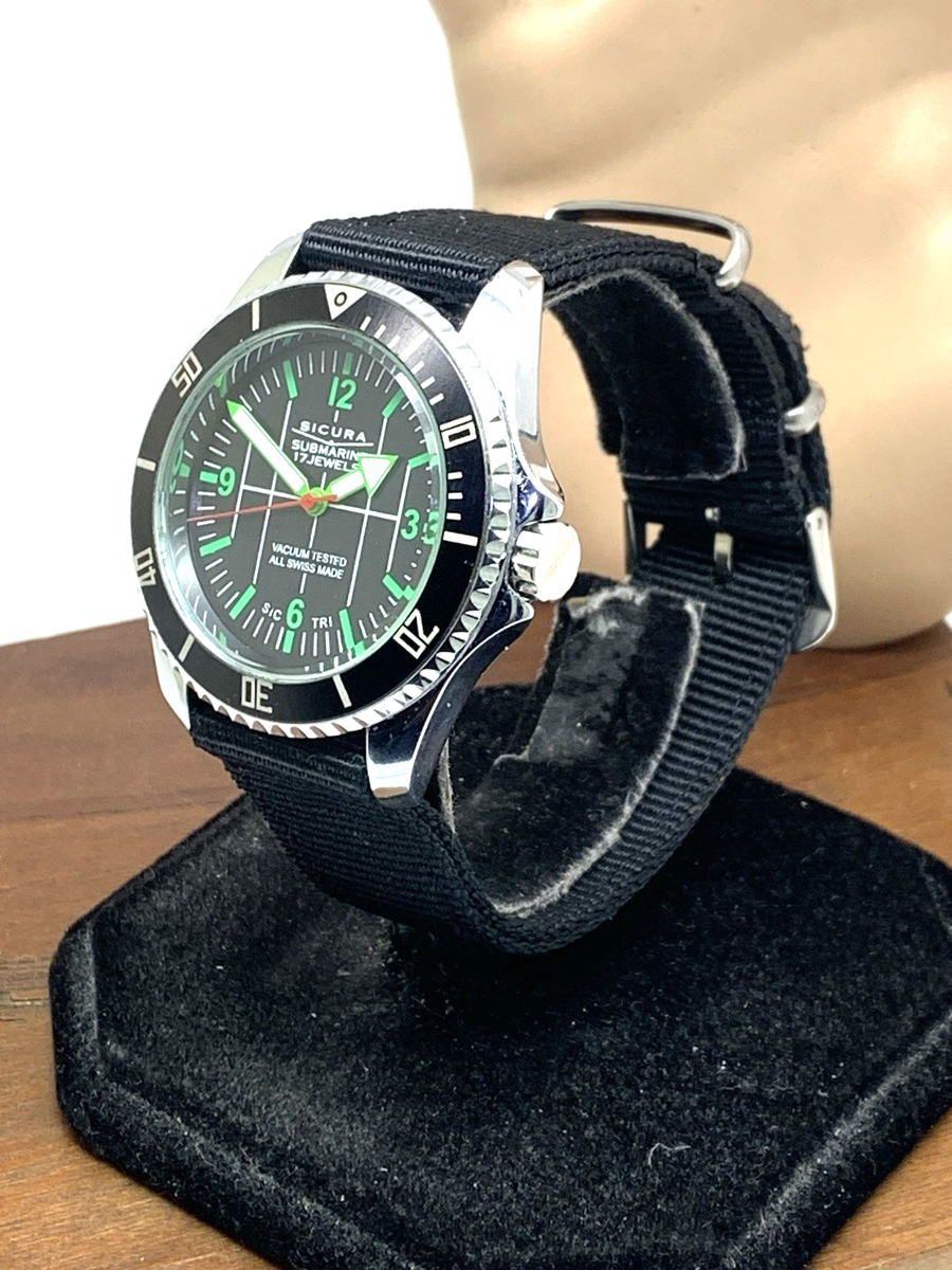Sicura Submarine Men's Watch Vintage Swiss Manual Wind Black Dial