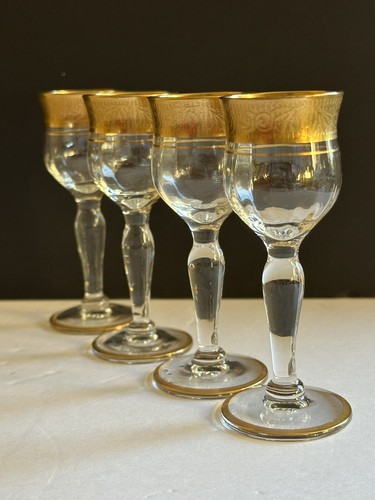 4 Ransgil Rambler Rose Optic Clear Cordial Glasses 1oz Gold Rim 4” Rare - Picture 3 of 24