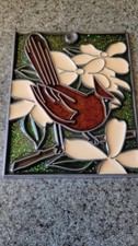Vtg Metal Frame Stained Glass style Suncatcher 4 Red Cardinal Flower Branch