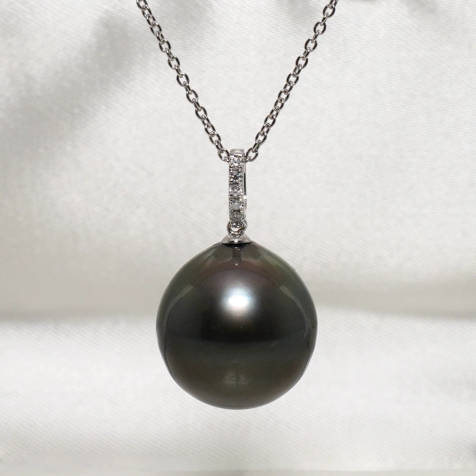 Grande perle de culture noire de Tahiti de 16,1 mm, pendentif en or blanc mas... - Photo 1/4