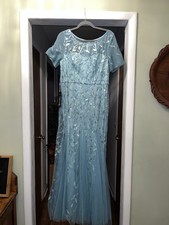 Beautiful Light Blue Short Sheer Sleeve Evening Dress Medium With Sequins