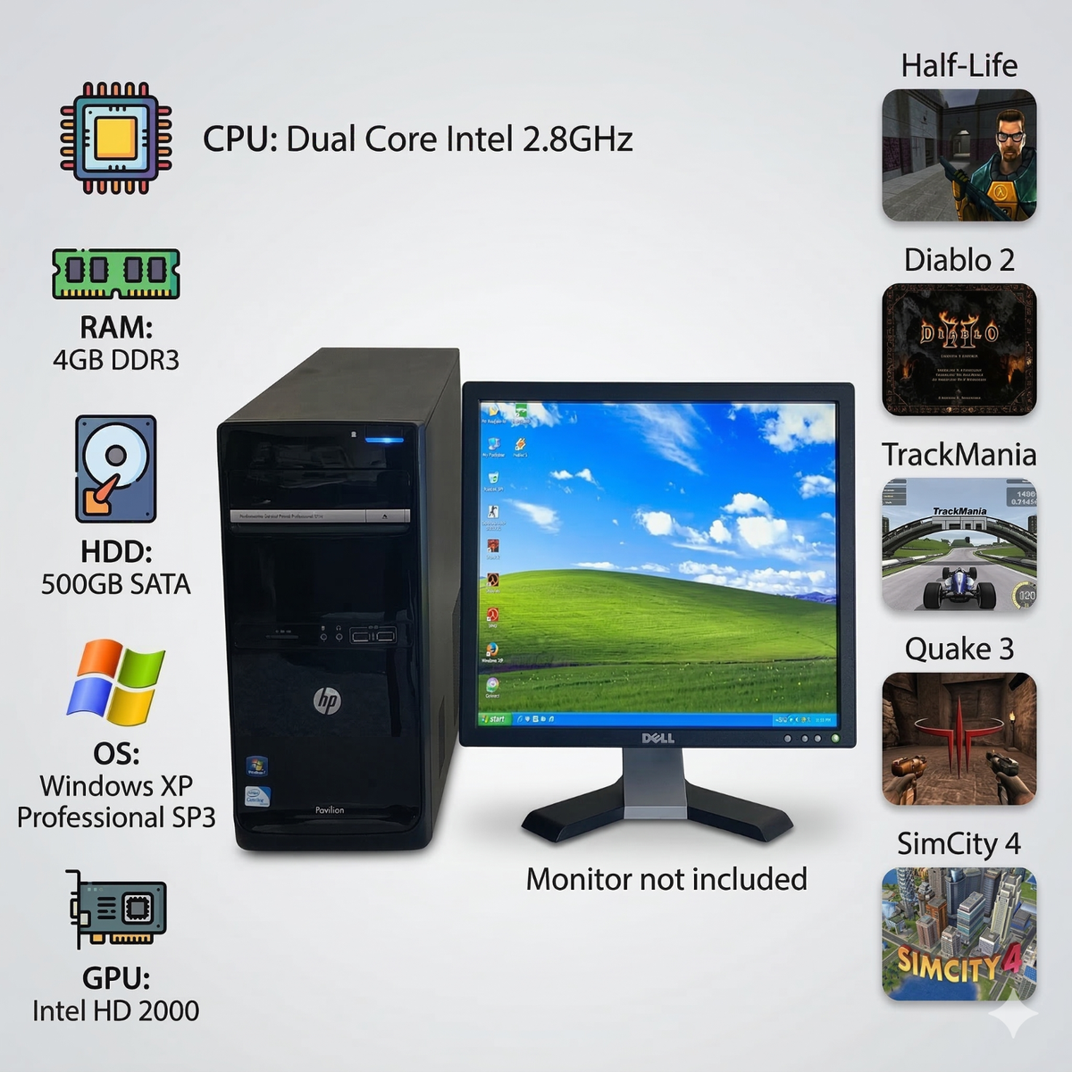 HP Windows XP Gaming PC, Dual Core 2.8GHz, 4GB, 500GB, Intel HD