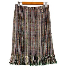 Maeve Anthropologie Green Multi Color Striped Tweed Fringe Pencil Skirt Size 6