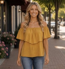 REFORMATION Made In USA Blouse XS Off-Shoulder Ruffle Top Surplus Fabric Mustard