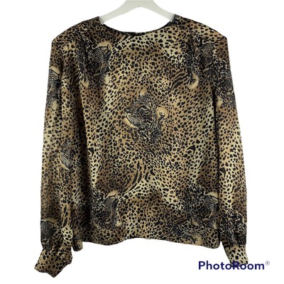 Vtg Sz 14 Blouse Satin Heritage Road Notations Leopard Cheetah Print Long Sleeve