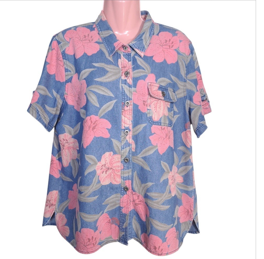 Sag Harbor Womens Denim Blue Floral Button Collared Blouse Size L