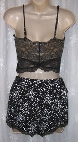 MEDIUM VICTORIA'S SECRET BLACK/SILVER HEARTS LACE TRIM 2 PIECE PAJAMA SET