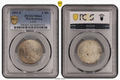 Münze Silber Württemberg 2 Mark 1892 PCGS MS64 toll erhalten selten nswleipzig - Bild 1 von 3