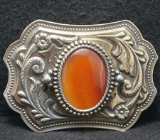 XB19102 GREAT VINTAGE 1970s ORANGE STONE FLORAL ARTWORK UNISEX BELT BUCKLE