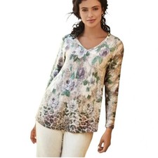 Soft Surroundings Symphonia V-Neck Top Womens Medium Plush Floral Leopard Soft