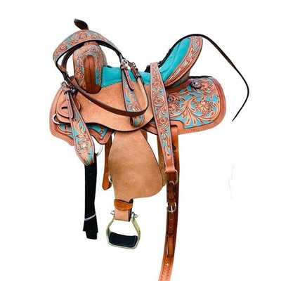 Leather Western Barrel Racing Horse SaddleRacer Trail Tooled Carved Equestrian