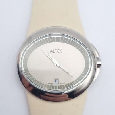Alfex Swiss Uhr oval weiß creme Silikonarmband Datum neue Batterie 