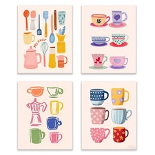 Trendy Cozy Kitchen Wall Art Prints Set of 4, Colorful Coffee and Tea Cup Mug...