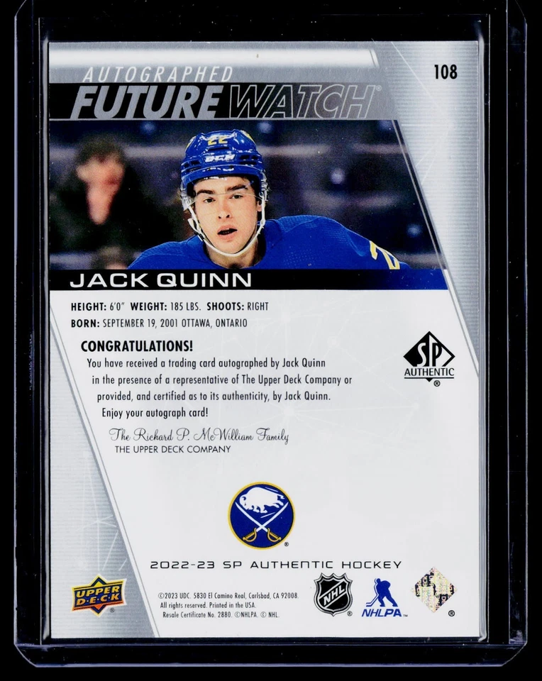 2022-23 SP Authentic Future Watch Autographed Jack Quinn #108 Buffalo Sabres - Image 2 of 3