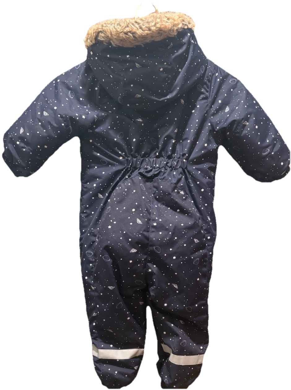 H&M Baby Snowsuit 12-18M Navy Space Print Fleece Lined Bunting Great Condition