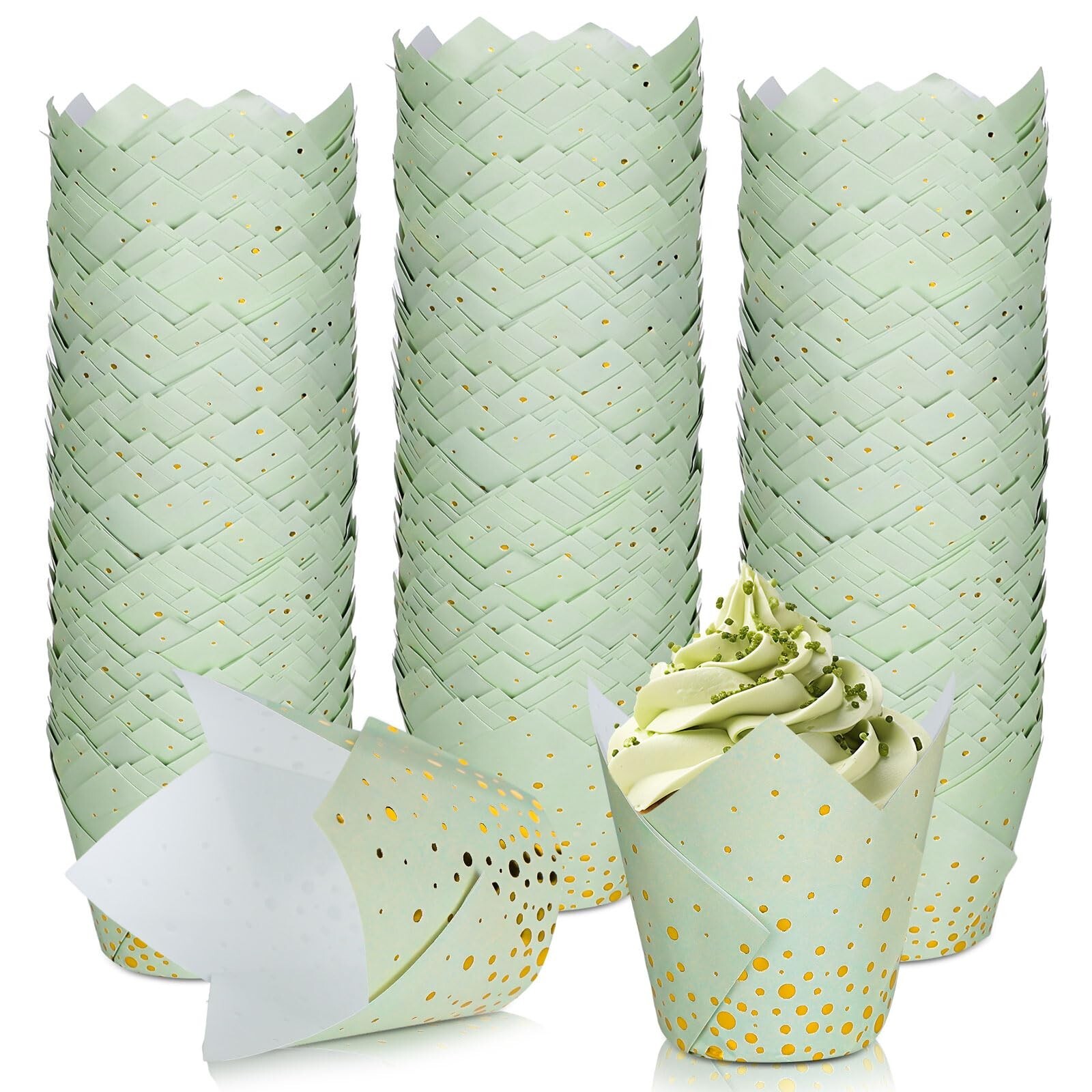 Whaline 200Pcs Sage Green Gold Dot Greaseproof Tulip Cupcake Liners