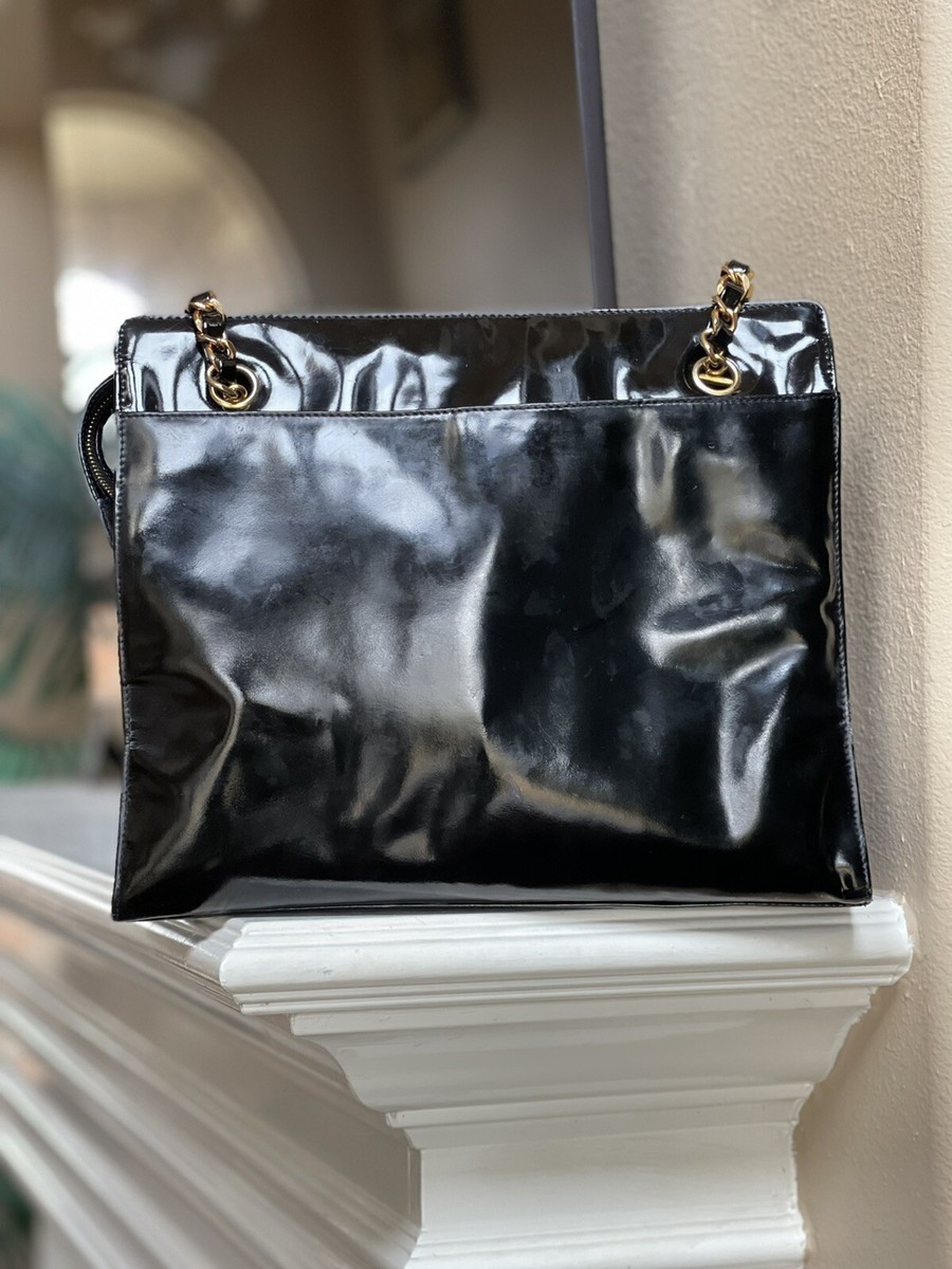 Chanel Vintage Black Patent Calfskin Leather Shoulder Tote Bag w