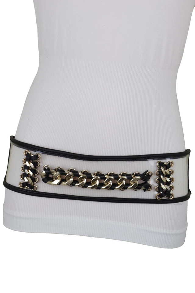 Cinturón ancho negro elástico cintura cadera cinturón metal dorado cadena eslabón talla XS S para mujer Foto 3 de 4