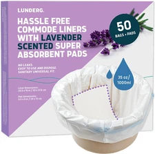 Lunderg Commode Liners with Absorbent Pads - Lavender Scent Medical Grade 50 Cou