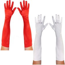 ADULTS LONG RED WHITE ELBOW GLOVES CHRISTMAS XMAS LADIES 1920S SATIN FANCY DRESS